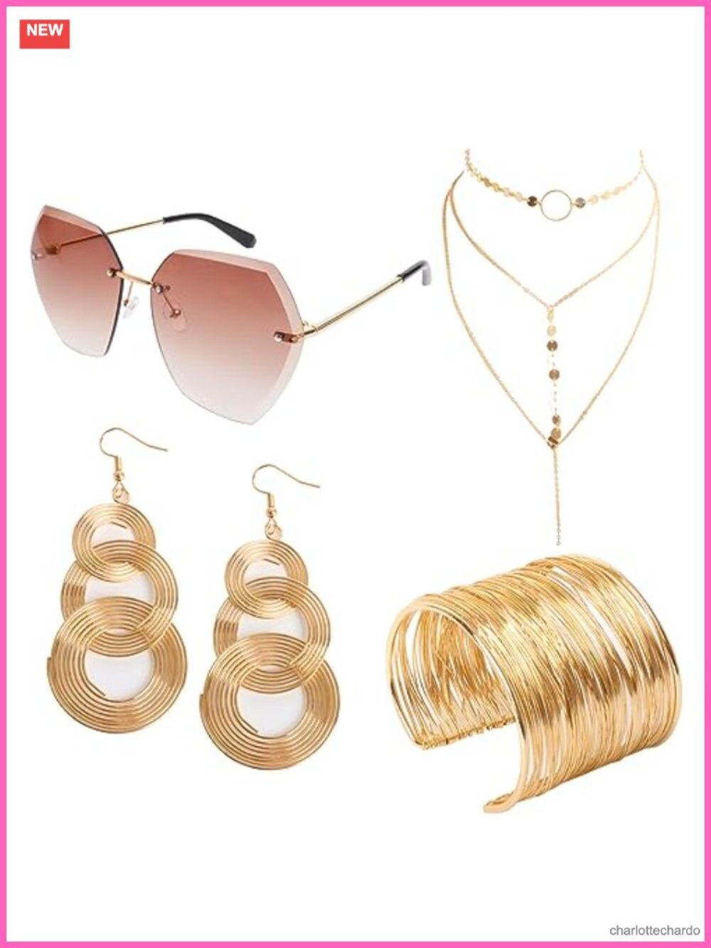 Metal 4 Piece Disco Costume Jewelry Set Coil Bracelet Sunglasses Choker Earrings